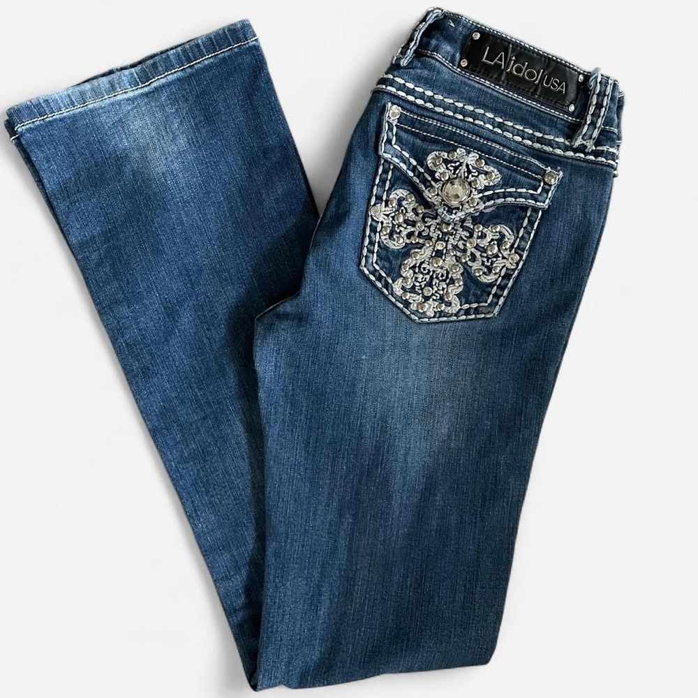 L.A. idol Blue Boot Cut Jeans with Rhinestone cross pockets y2k
